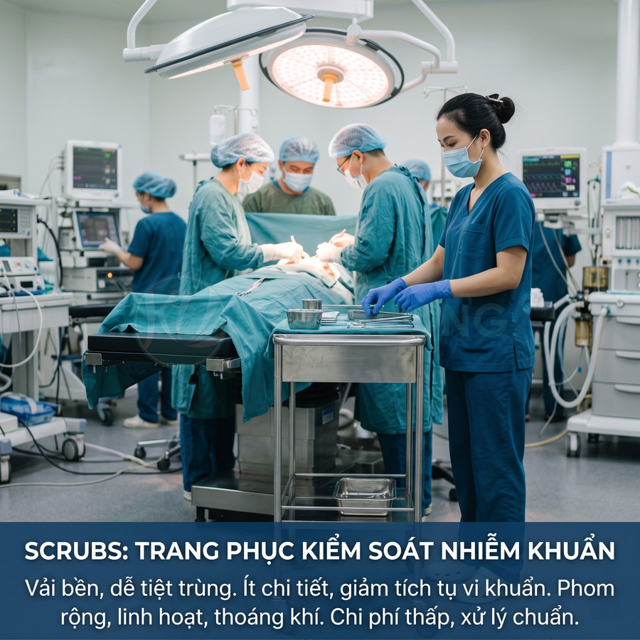 Bác sĩ và y tá mặc scrubs phẫu thuật màu xanh đang mổ trong phòng mổ hiện đại
